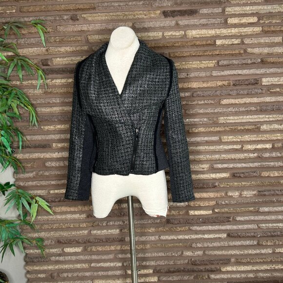 Cache Blazer Navy Blue Tweed Asymmetrical Zip Oversized Collar Size 6 - Picture 9 of 9